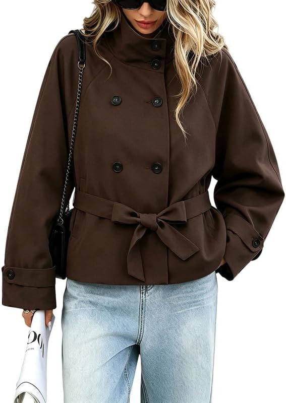 High Collar Cropped Trench Coat Women Belted Double Breasted Short Jackets