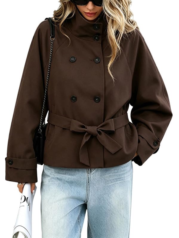 High Collar Cropped Trench Coat Women Belted Double Breasted Short Jackets