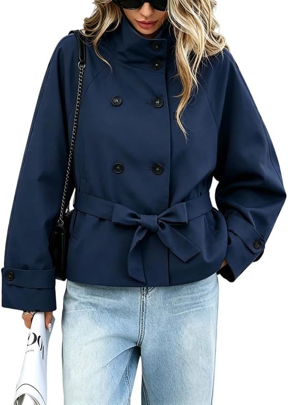 High Collar Cropped Trench Coat Women Belted Double Breasted Short Jackets