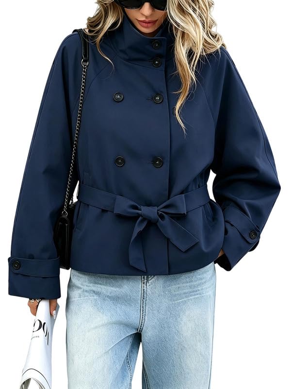 High Collar Cropped Trench Coat Women Belted Double Breasted Short Jackets