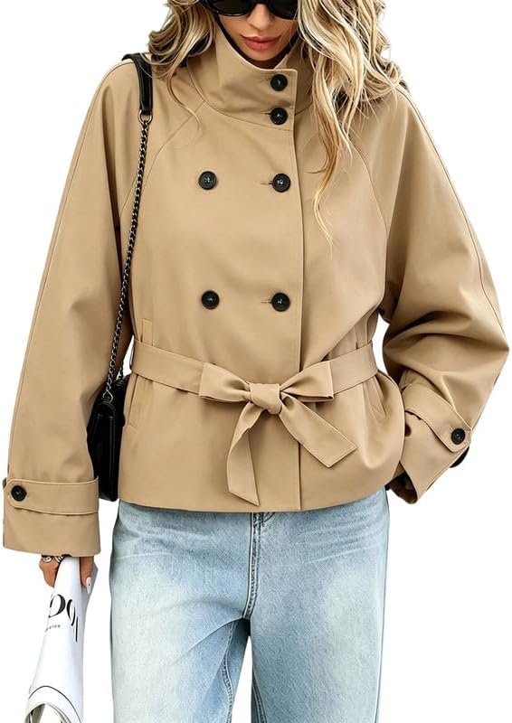 High Collar Cropped Trench Coat Women Belted Double Breasted Short Jackets