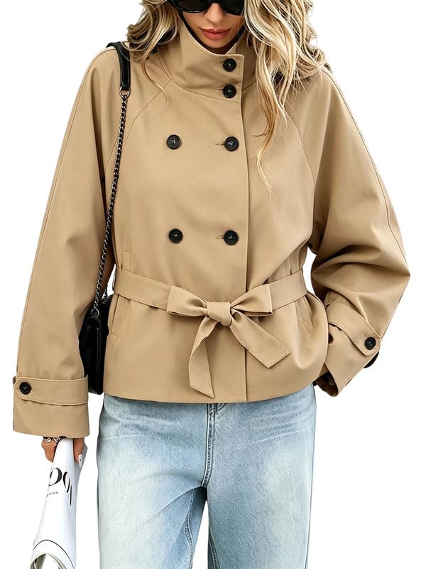High Collar Cropped Trench Coat Women Belted Double Breasted Short Jackets