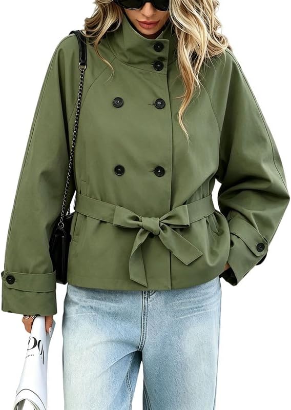 High Collar Cropped Trench Coat Women Belted Double Breasted Short Jackets
