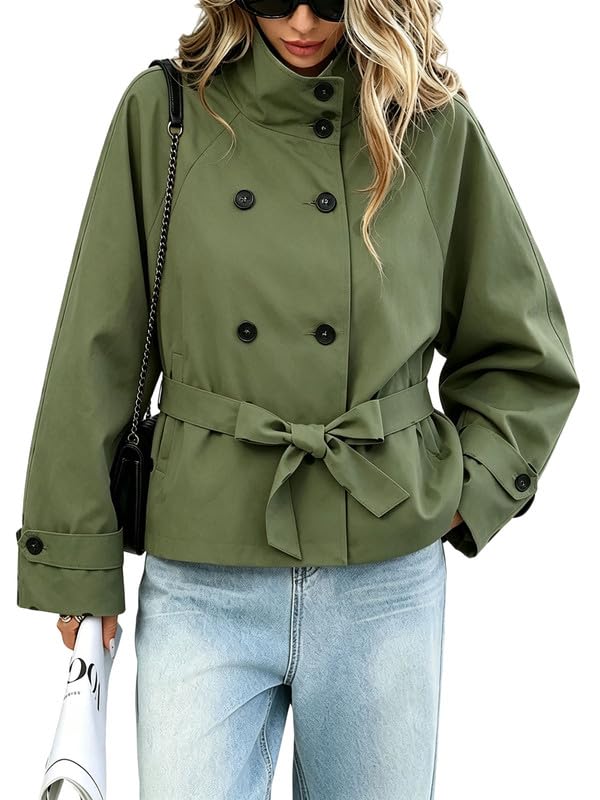 High Collar Cropped Trench Coat Women Belted Double Breasted Short Jackets
