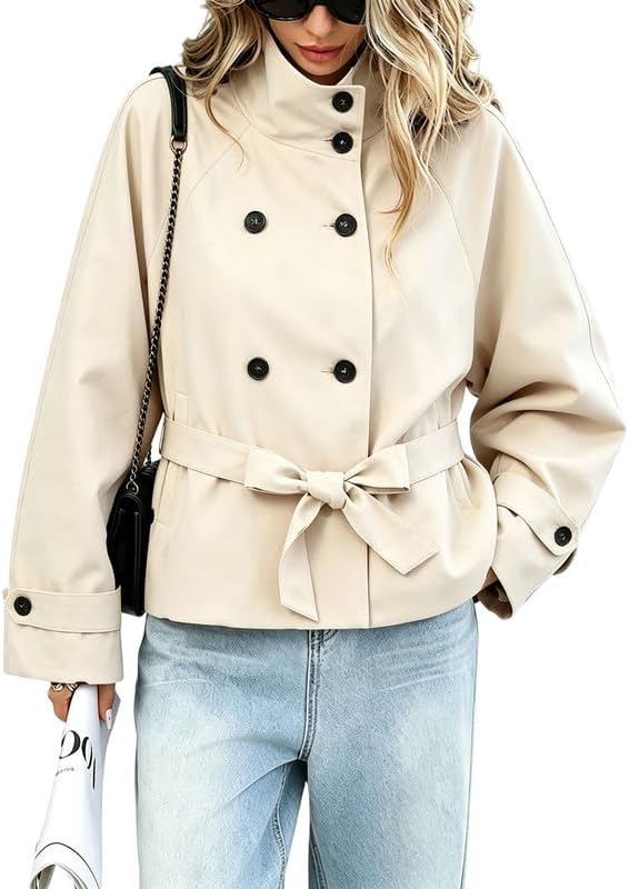 High Collar Cropped Trench Coat Women Belted Double Breasted Short Jackets
