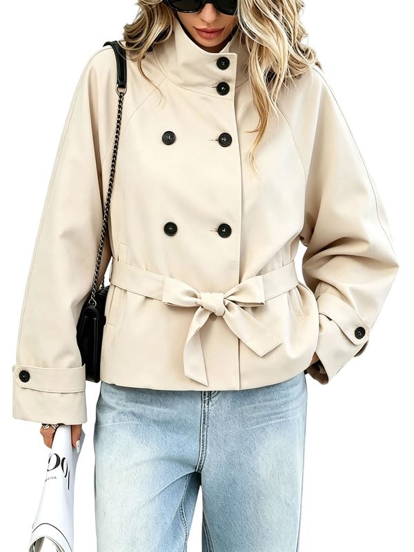 High Collar Cropped Trench Coat Women Belted Double Breasted Short Jackets