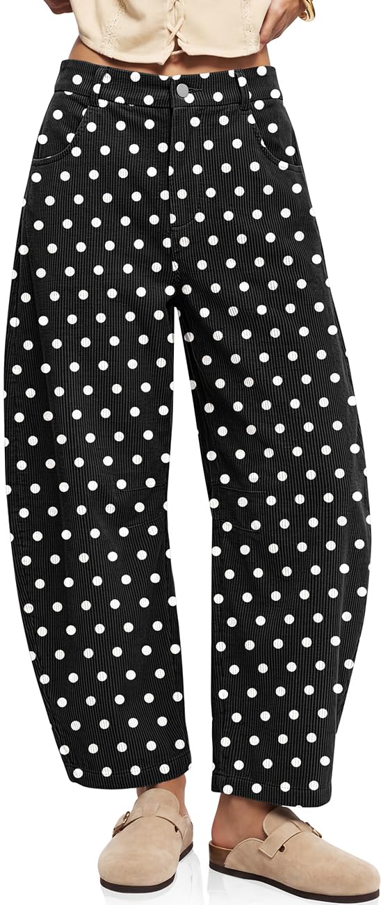 Womens Barrel Corduroy Pants Wide Leg Floral Printed Baggy Trousers