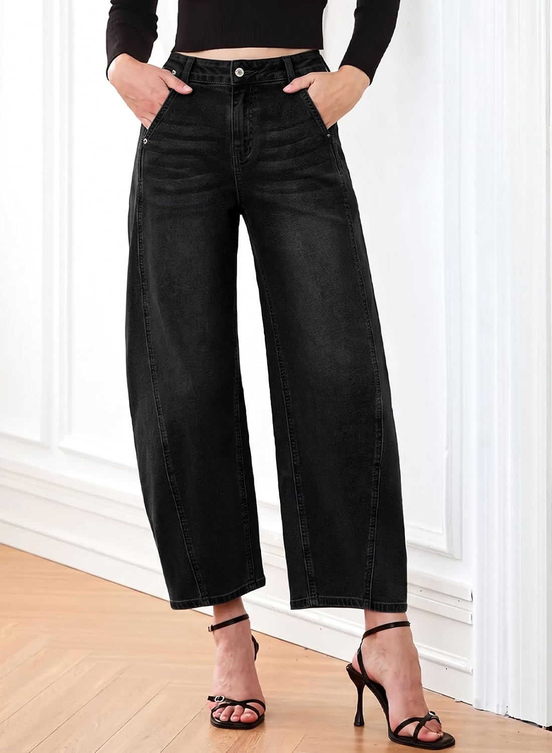 Womens Barrel Jeans High Waist Baggy Cropped Stretch Denim Pants