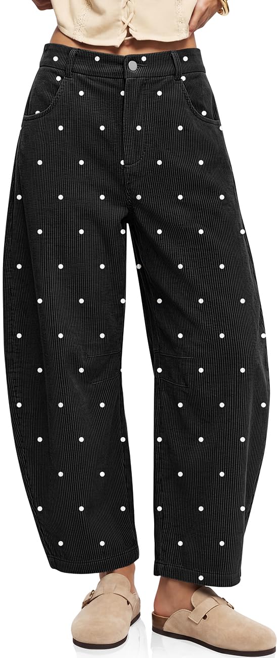 Womens Barrel Corduroy Pants Wide Leg Floral Printed Baggy Trousers
