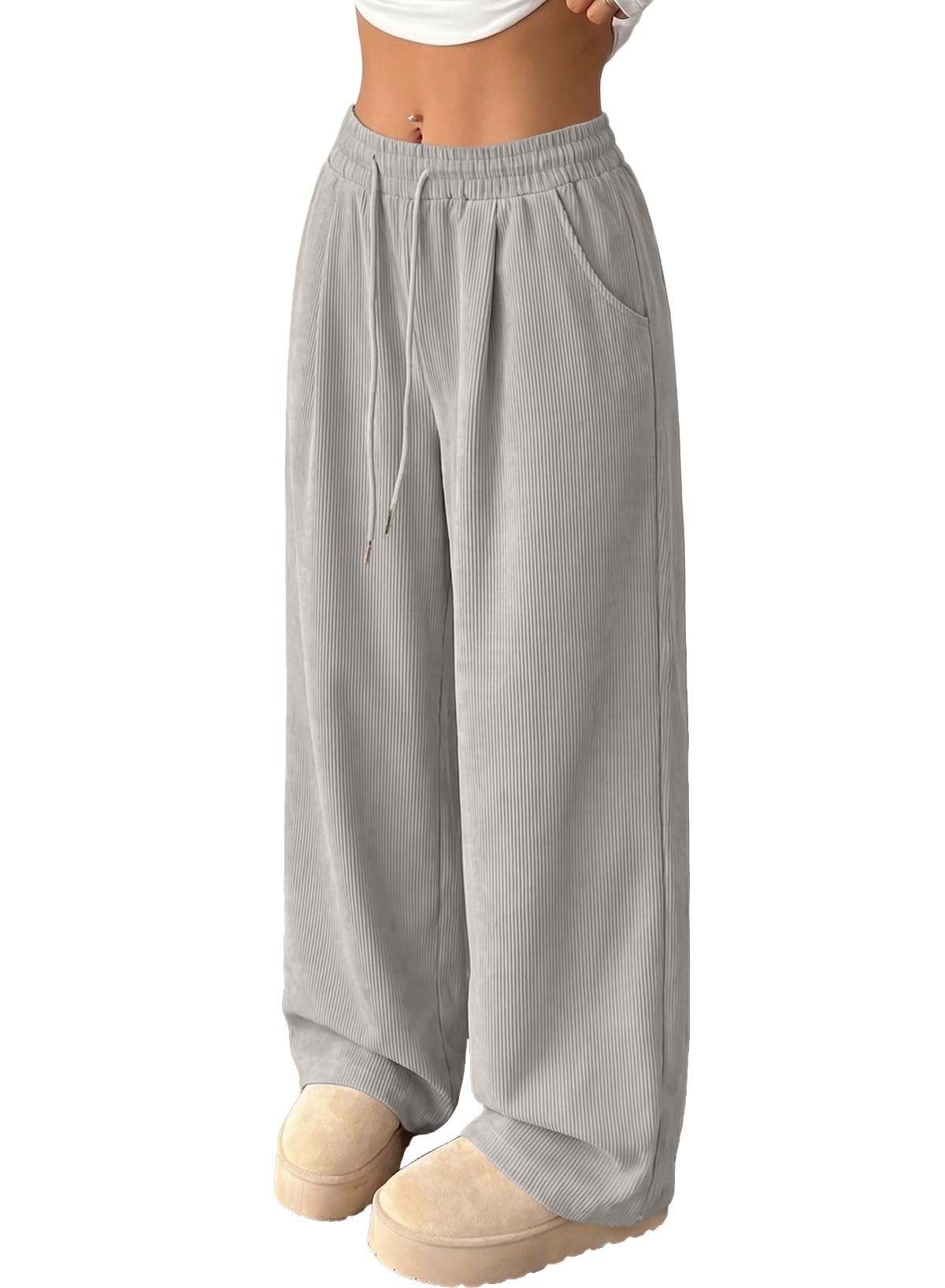 Women's Corduroy Elastic High Waisted Wide Leg Pants