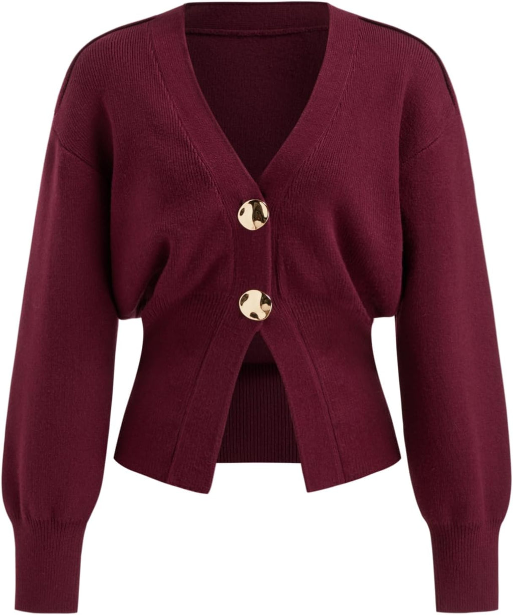 Sweater for Women Knitted Long Sleeve V Neck Trendy Open Front Sweaters with Gold Buttons