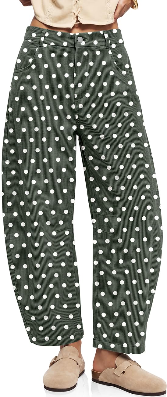 Womens Barrel Corduroy Pants Wide Leg Floral Printed Baggy Trousers