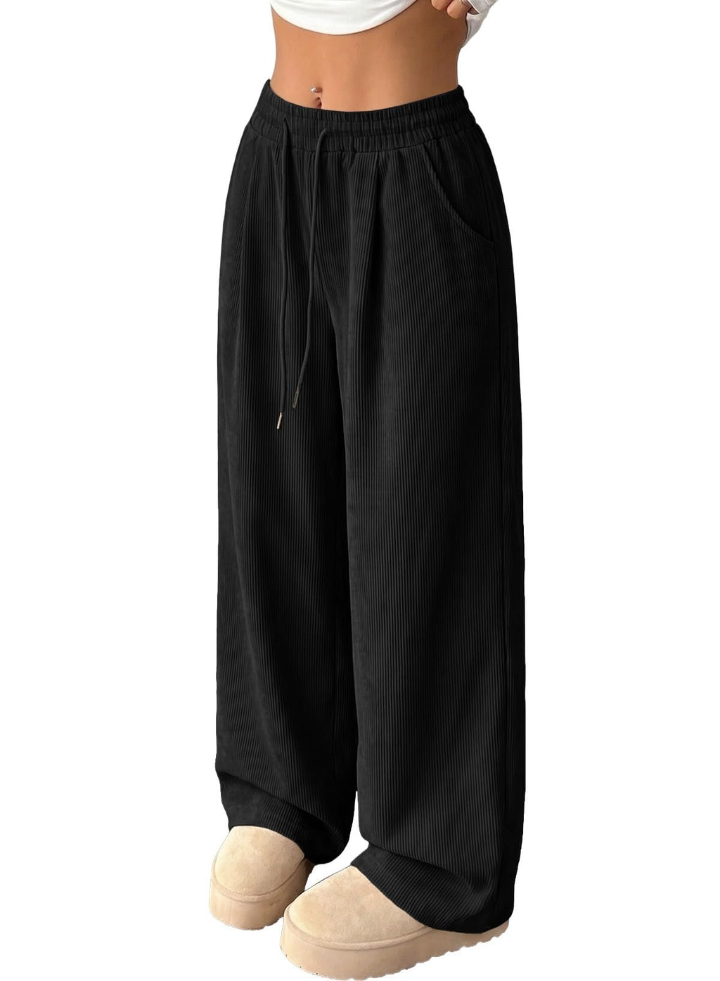 Women's Corduroy Elastic High Waisted Wide Leg Pants