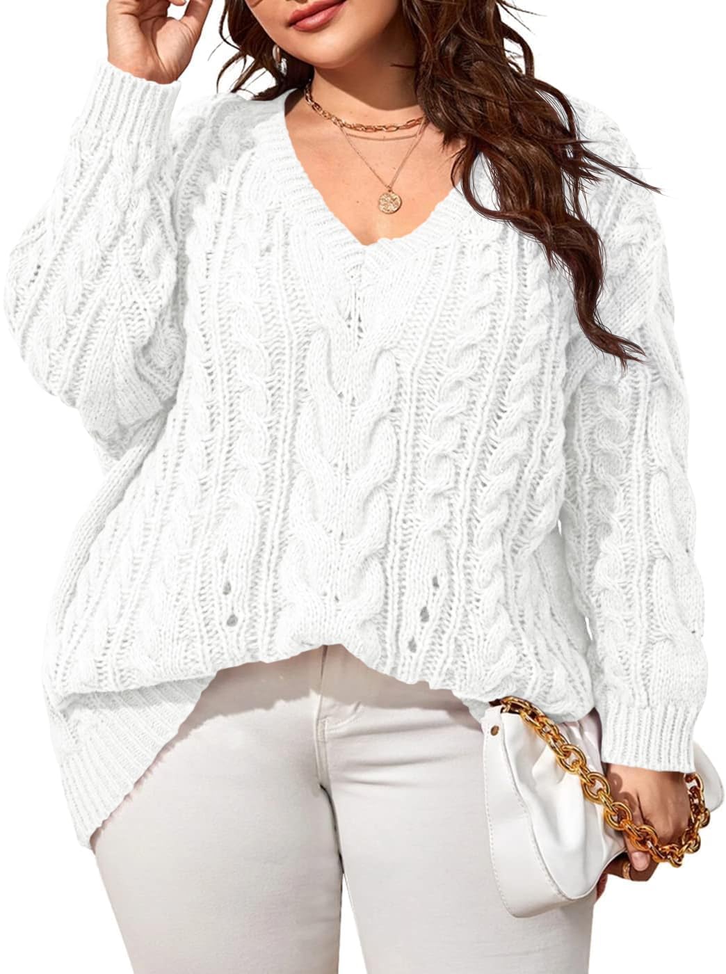 Womens Plus Size Sweaters V Neck Cable Knit Casual Sweater Tops