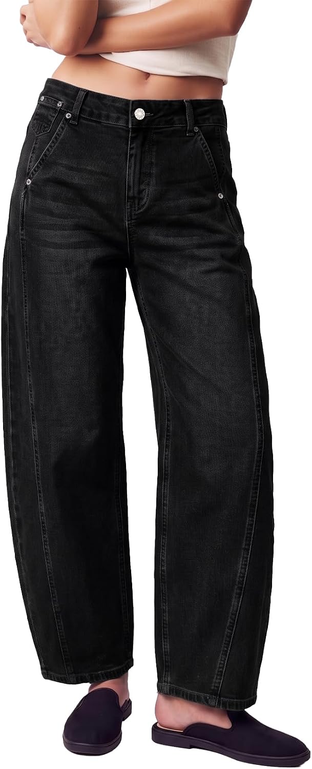 Womens Barrel Jeans High Waist Baggy Cropped Stretch Denim Pants