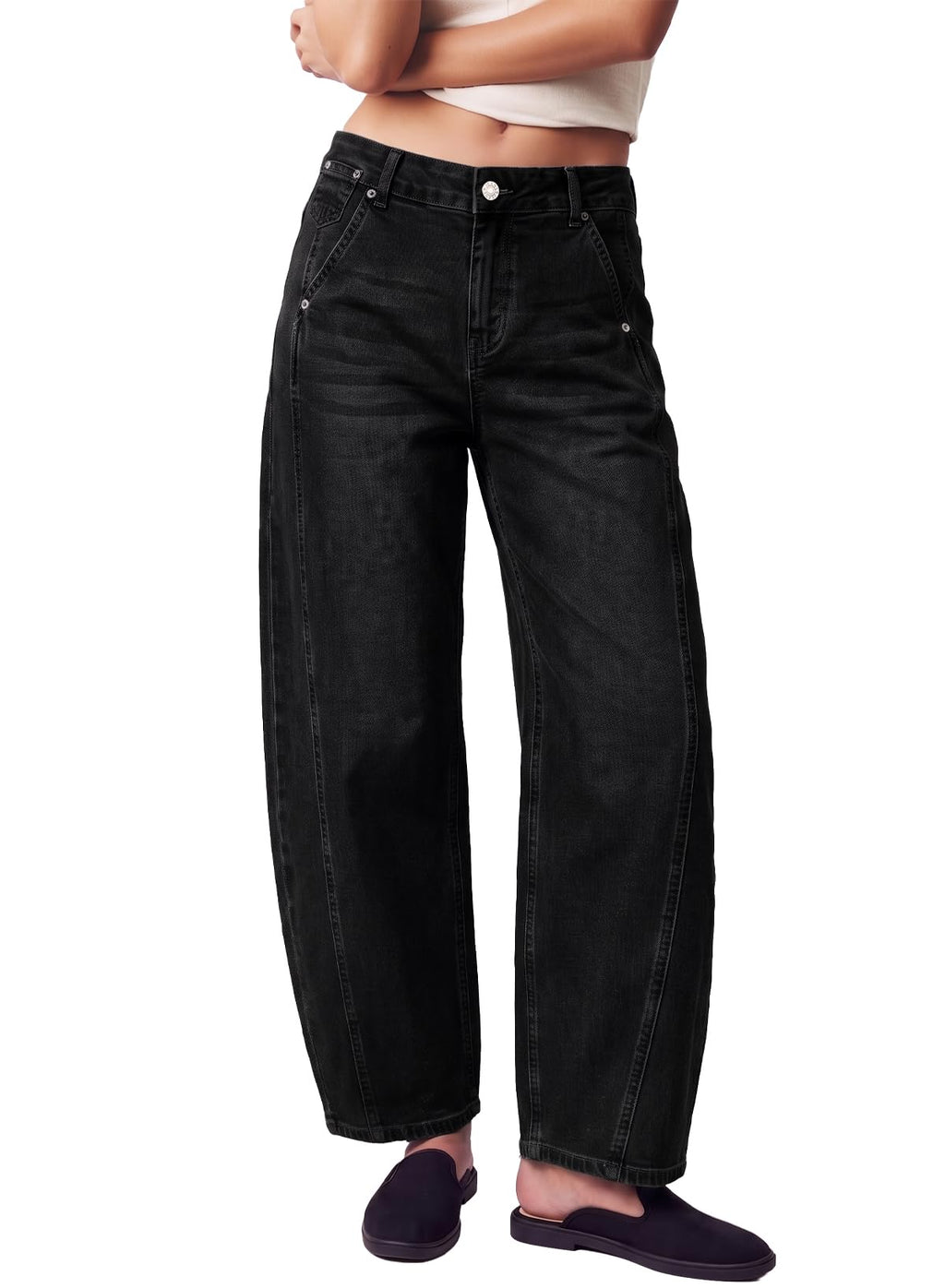 Womens Barrel Jeans High Waist Baggy Cropped Stretch Denim Pants