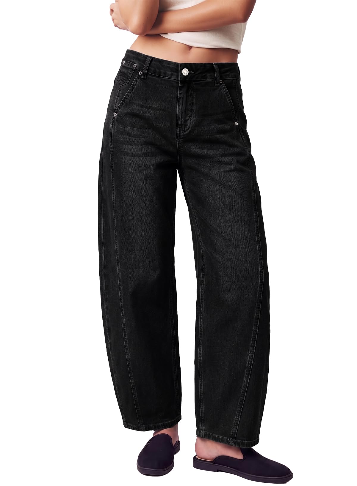 Womens Barrel Jeans High Waist Baggy Cropped Stretch Denim Pants
