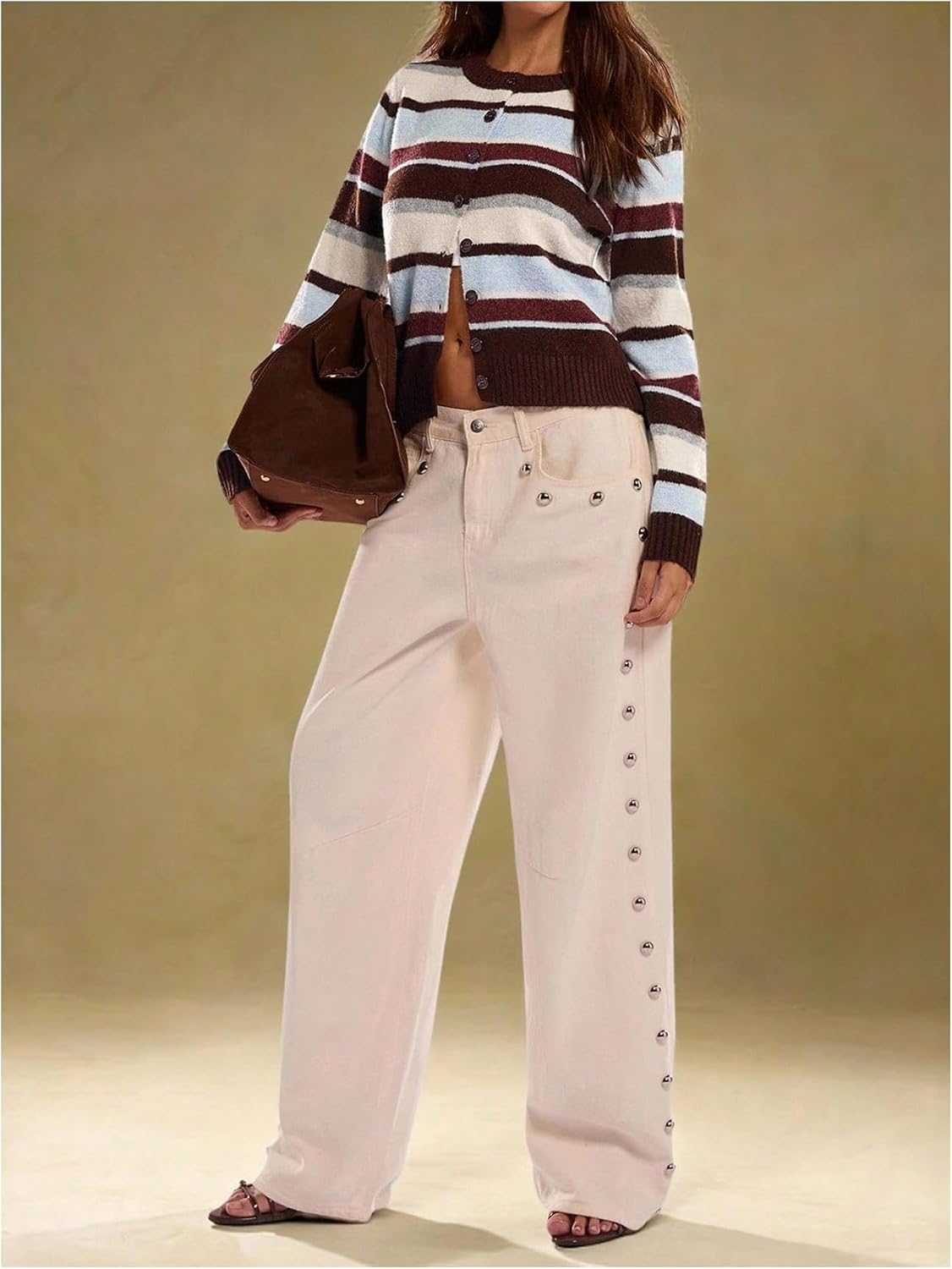 Women's Fall Outfit Casual Striped Color Block Cropped Cardigan