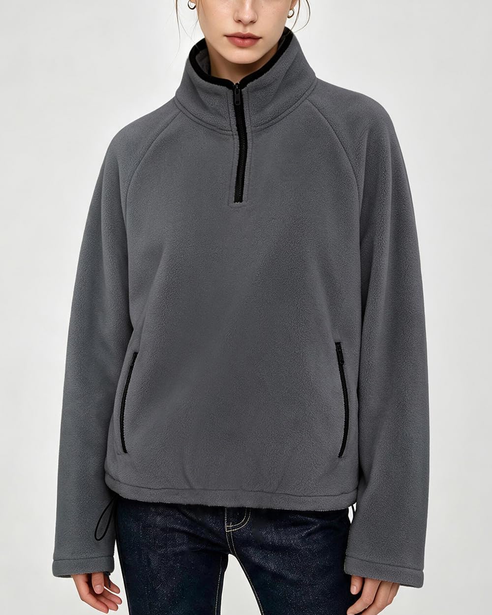 Womens Fleece Quarter Zip Pullover Jacket with Zip Pockets