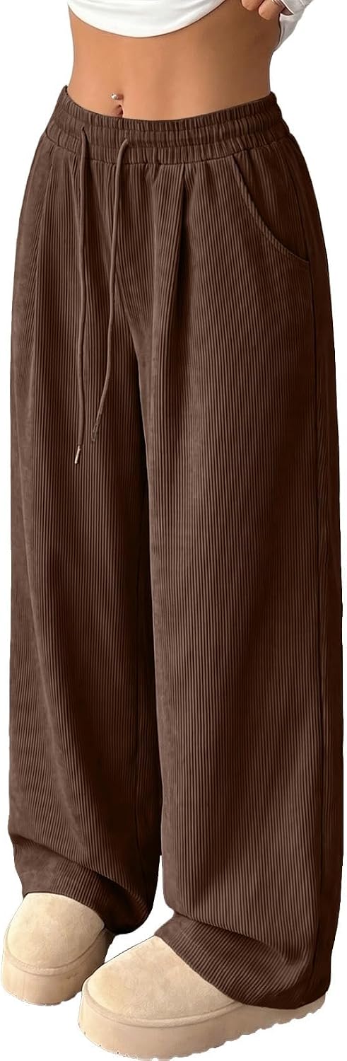 Women's Corduroy Elastic High Waisted Wide Leg Pants