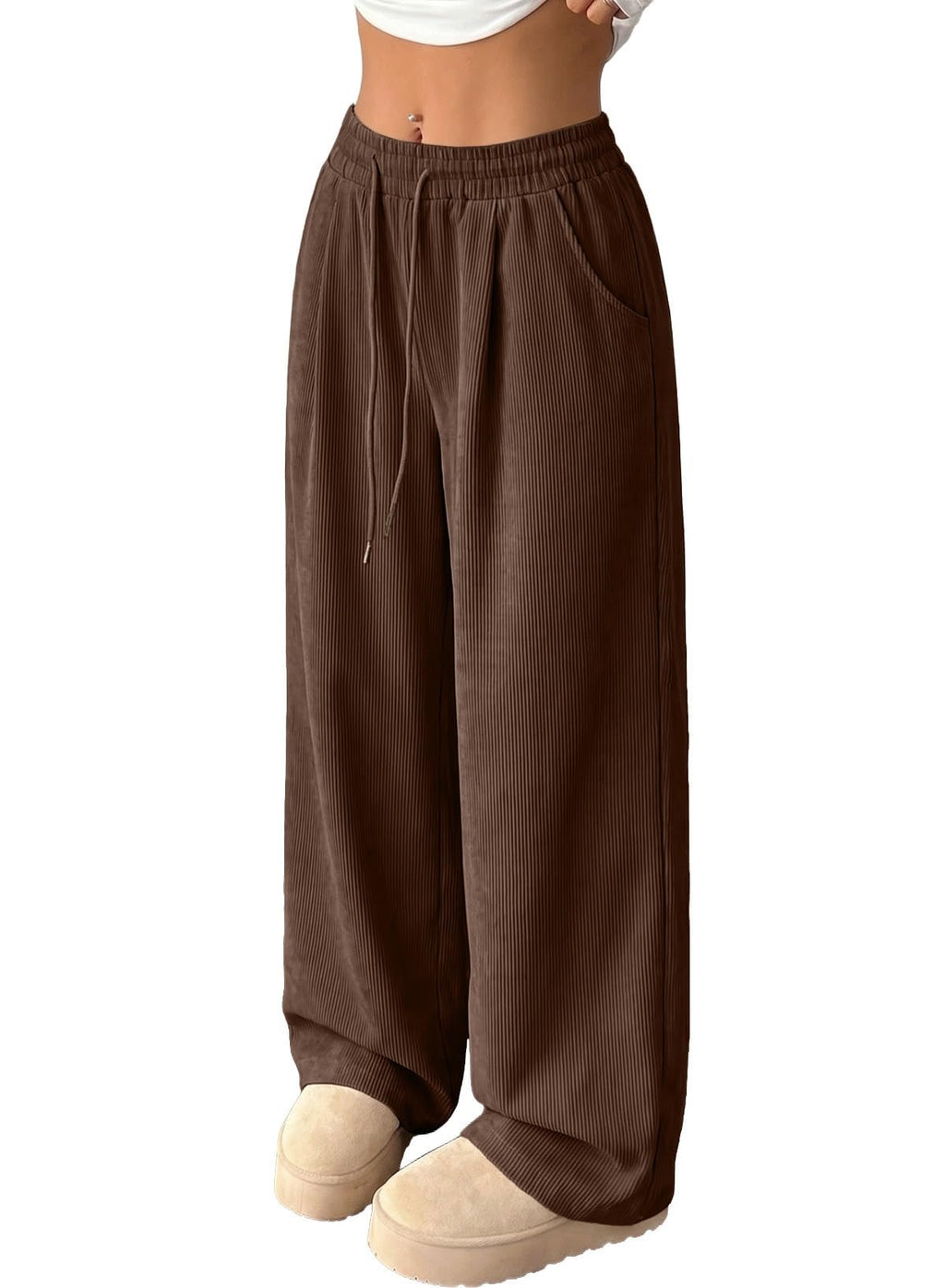 Women's Corduroy Elastic High Waisted Wide Leg Pants