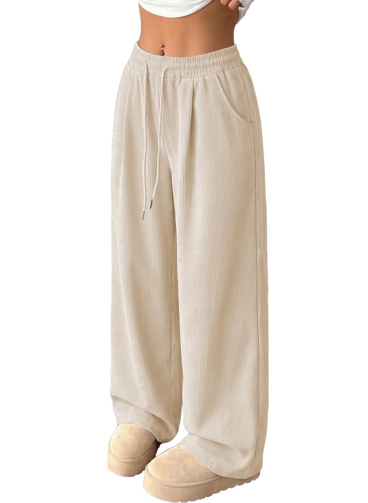 Women's Corduroy Elastic High Waisted Wide Leg Pants