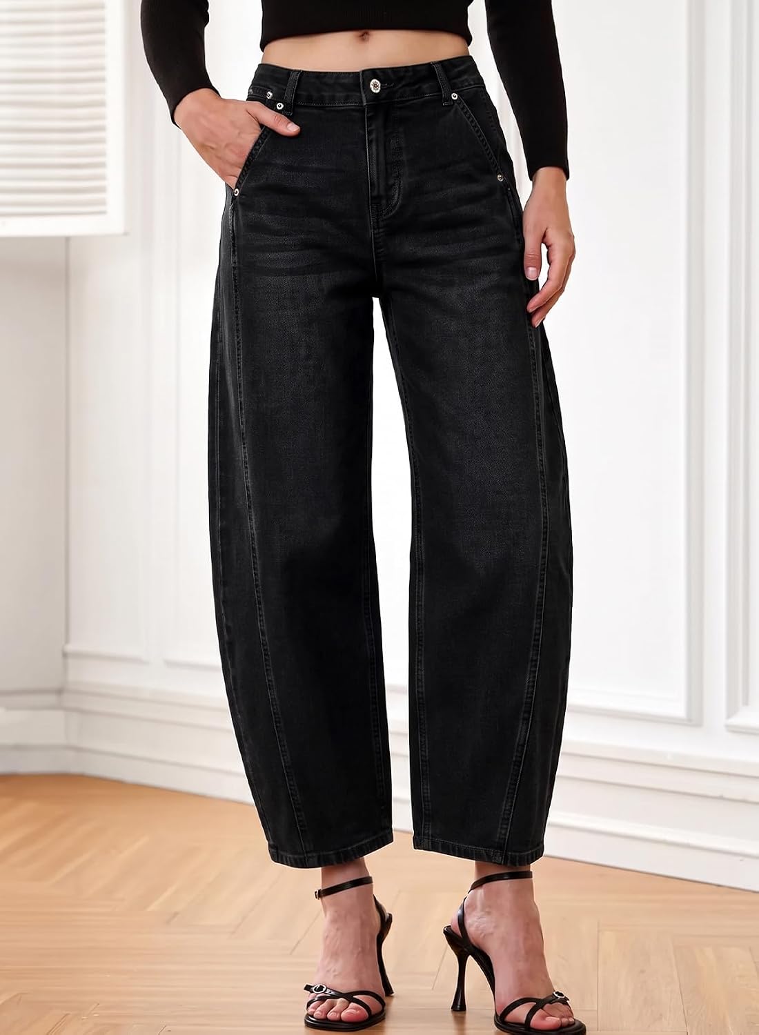 Womens Barrel Jeans High Waist Baggy Cropped Stretch Denim Pants