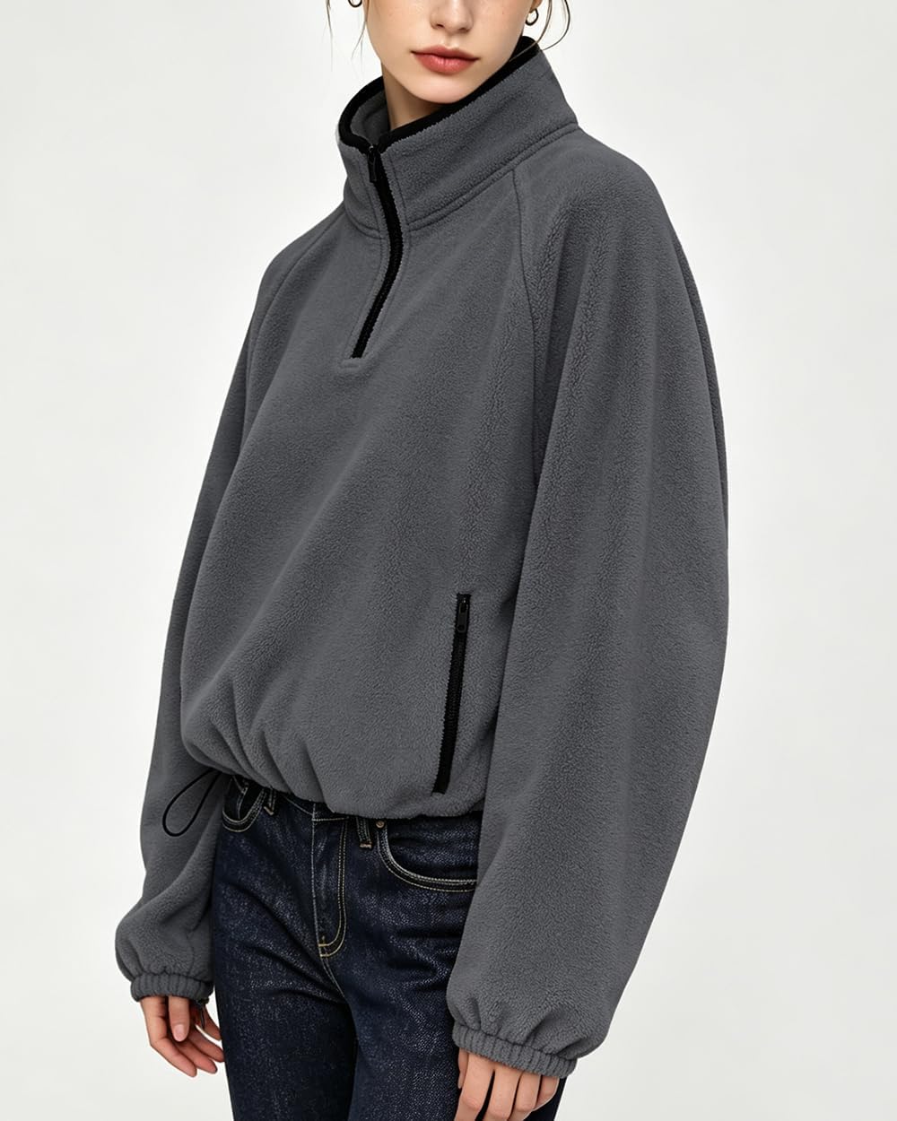 Womens Fleece Quarter Zip Pullover Jacket with Zip Pockets