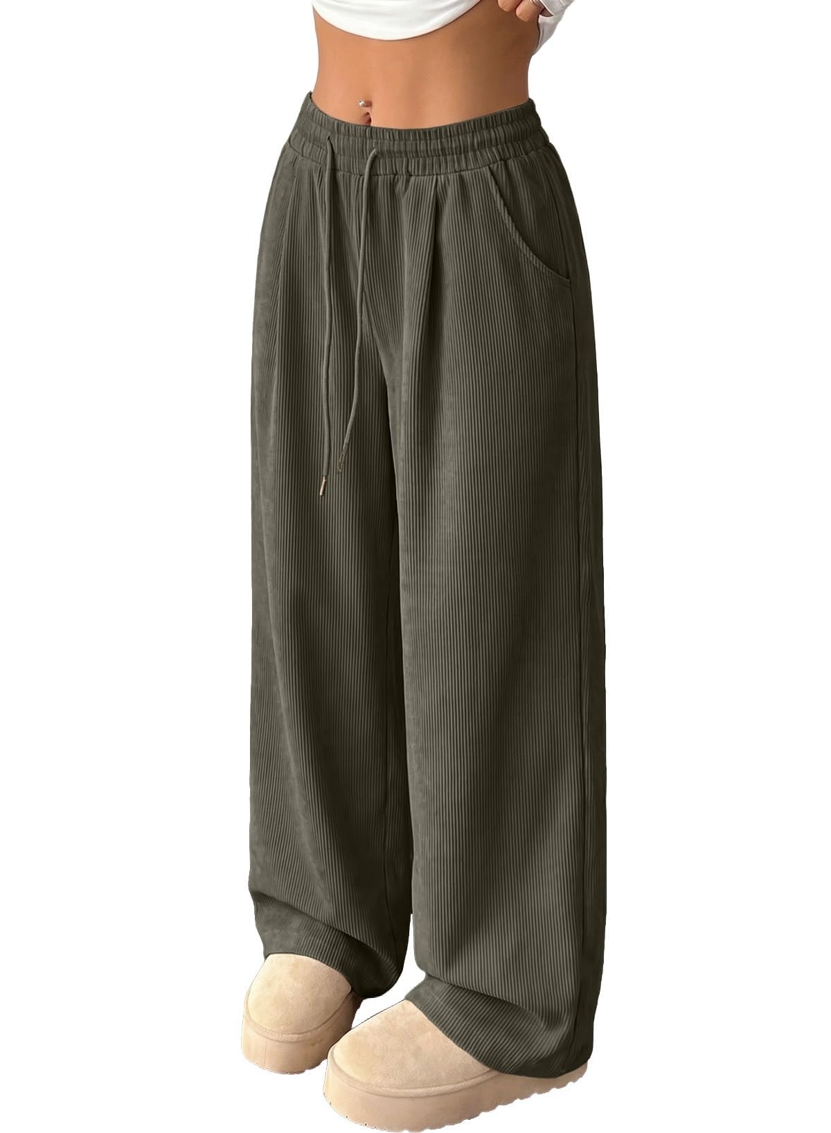 Women's Corduroy Elastic High Waisted Wide Leg Pants