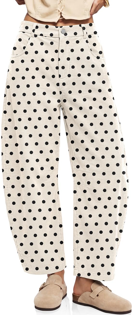 Womens Barrel Corduroy Pants Wide Leg Floral Printed Baggy Trousers