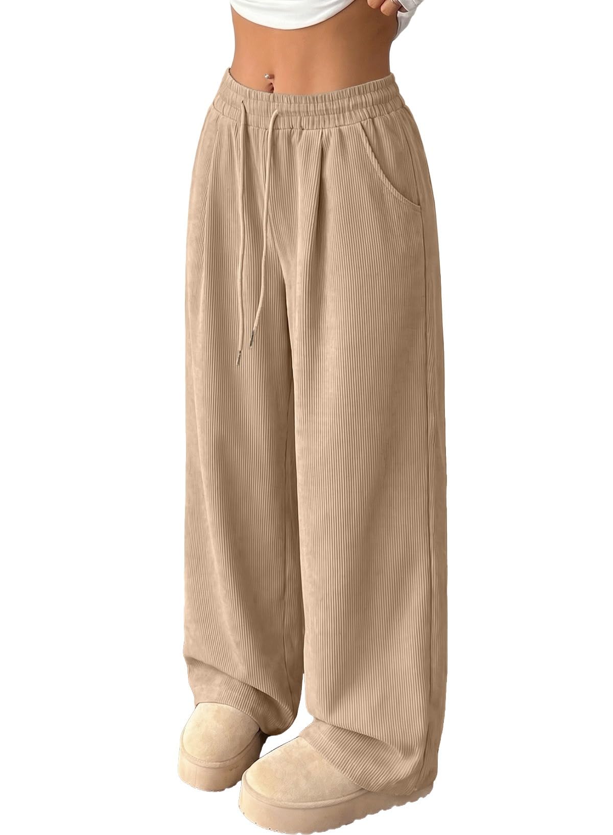 Women's Corduroy Elastic High Waisted Wide Leg Pants