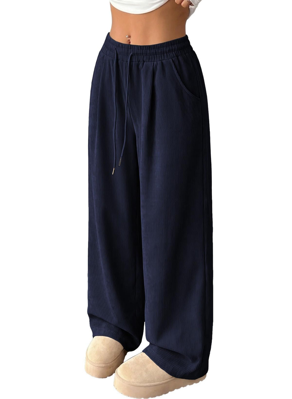 Women's Corduroy Elastic High Waisted Wide Leg Pants