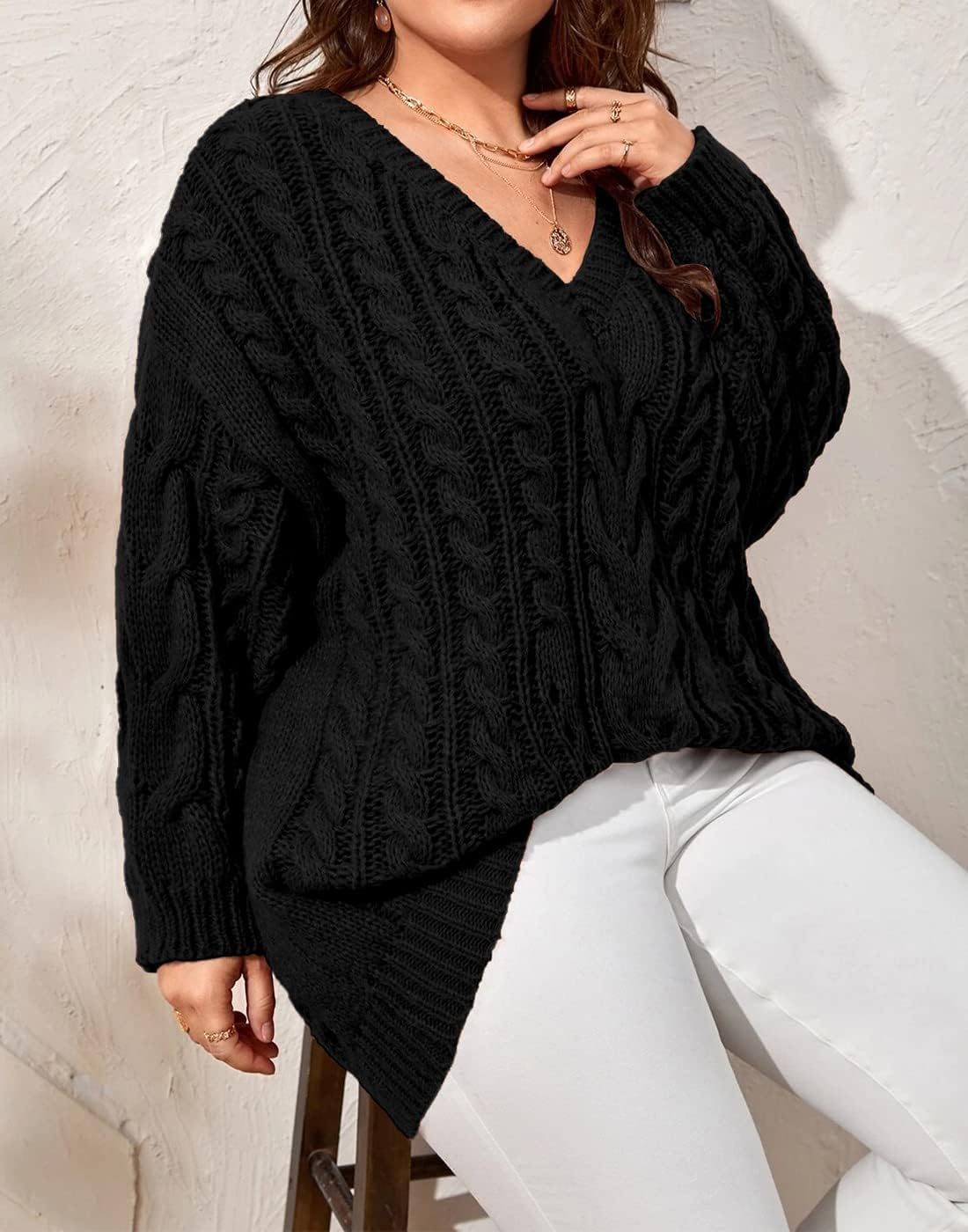 Womens Plus Size Sweaters V Neck Cable Knit Casual Sweater Tops