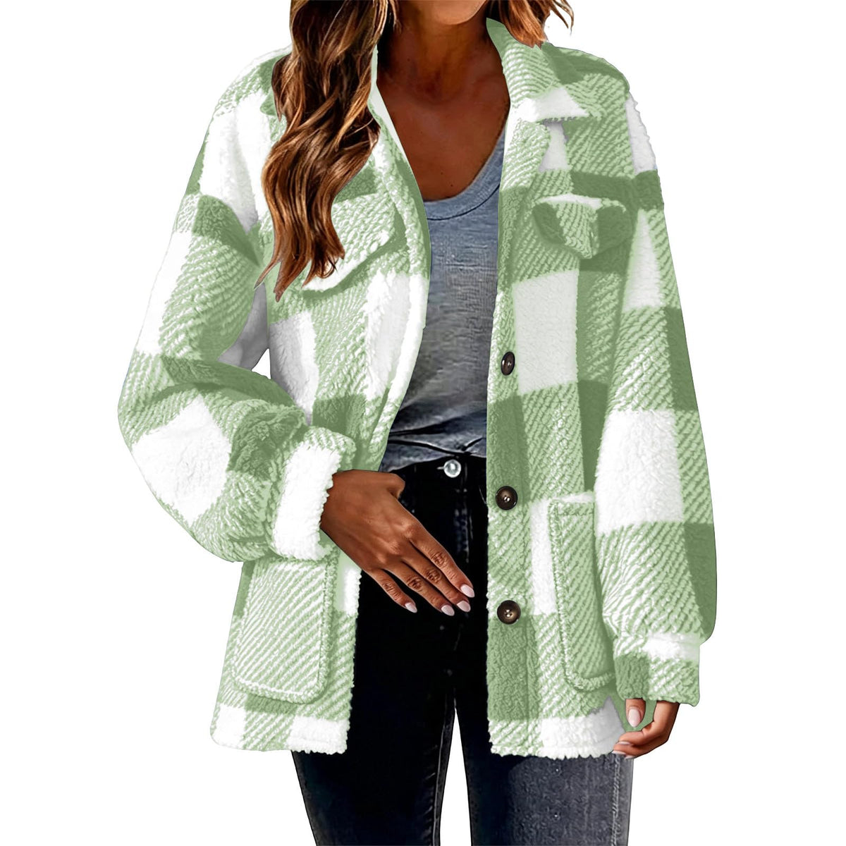 Womens Fleece Sherpa Jacket Button Down Plaid Flannel Shacket with Pockets