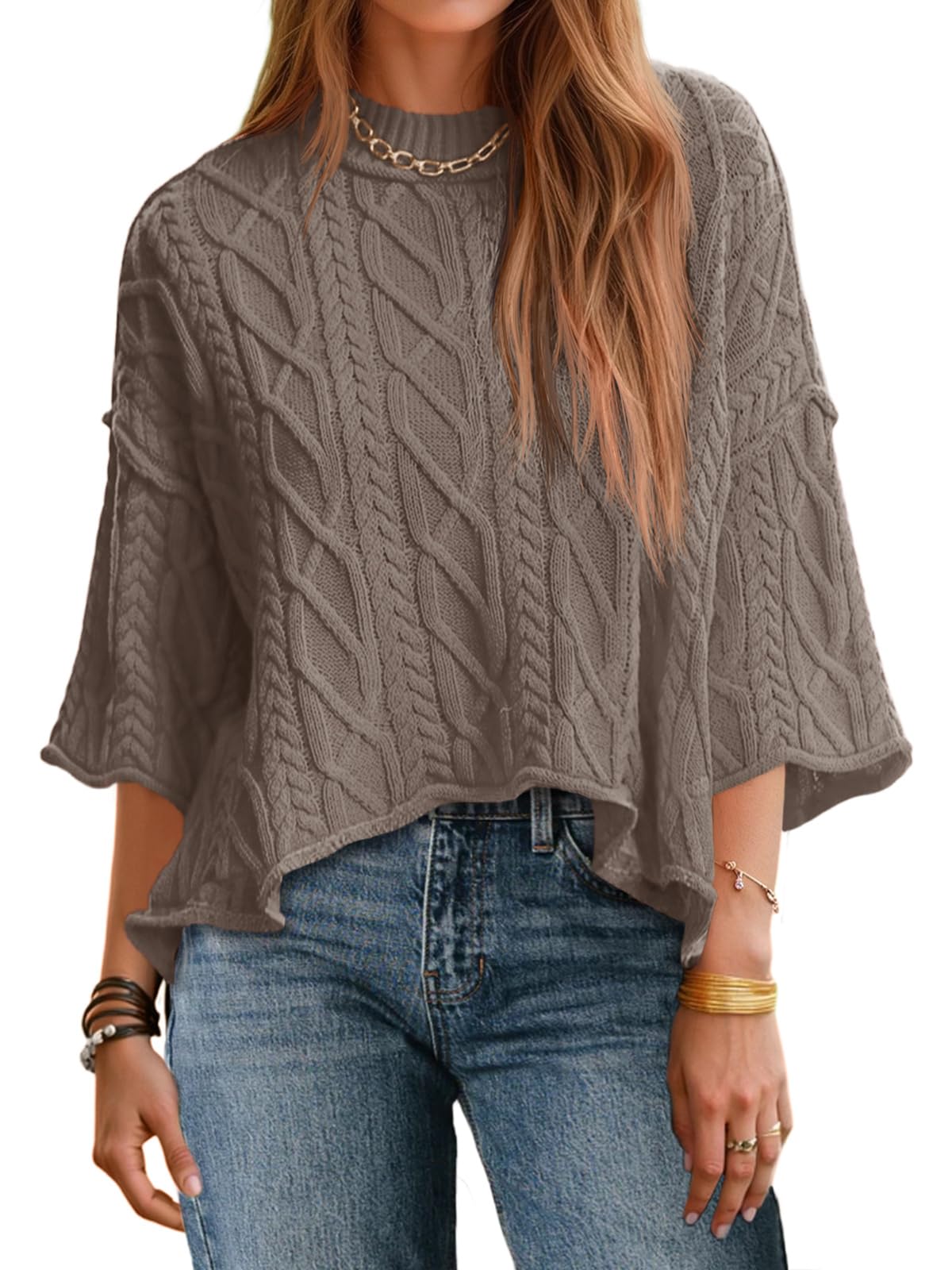 Womens Cable Knit Cropped Sweaters Oversize 3/4 Sleeve Pullover