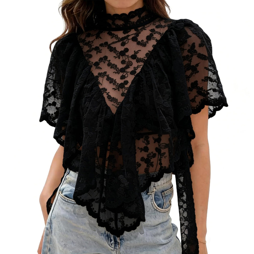 Womens Shirt Sheer Ruffle Flare Sleeve Casual Loose See Through Cover Up Top Blouse