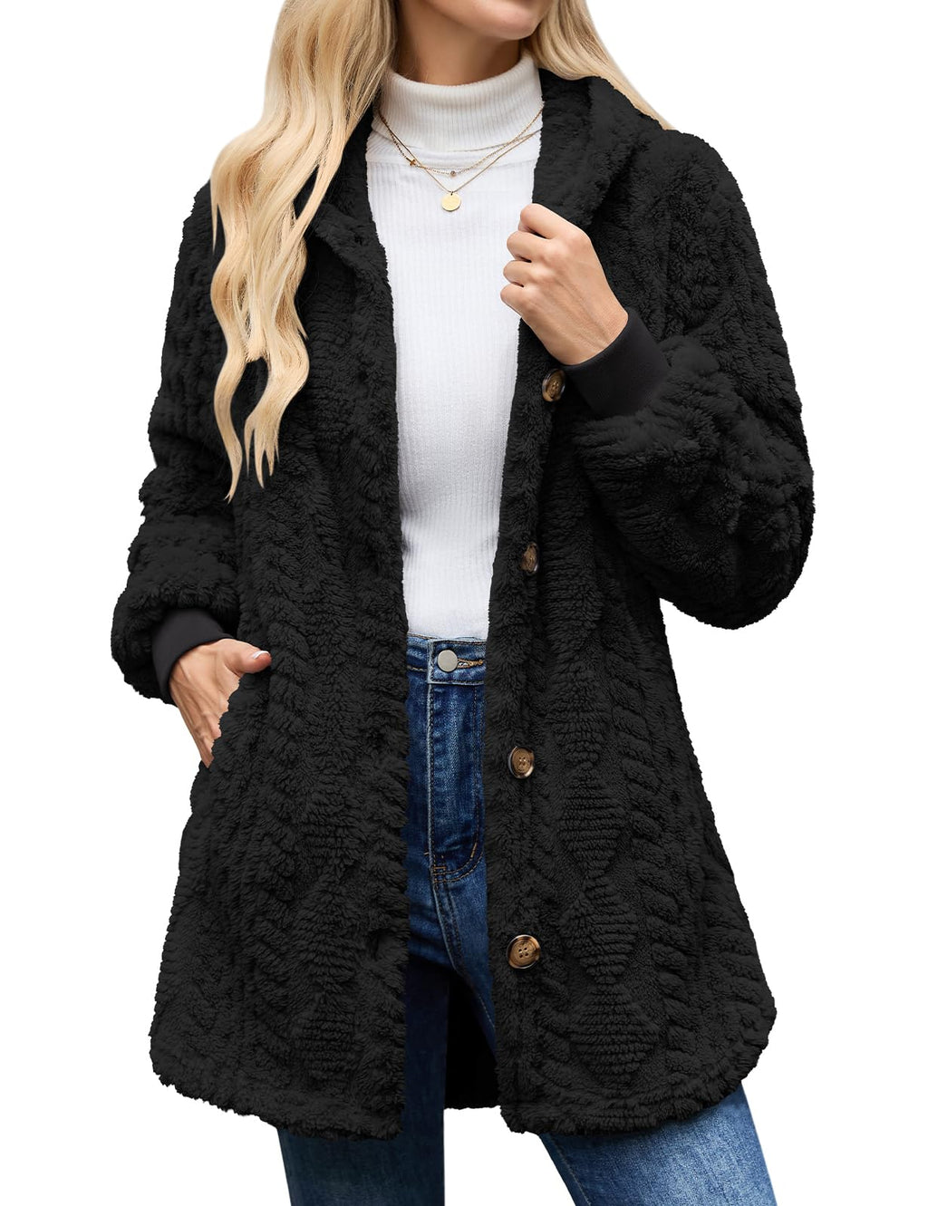 Women's Winter Sherpa Fleece Jacket Hooded Button Down Warm Coat
