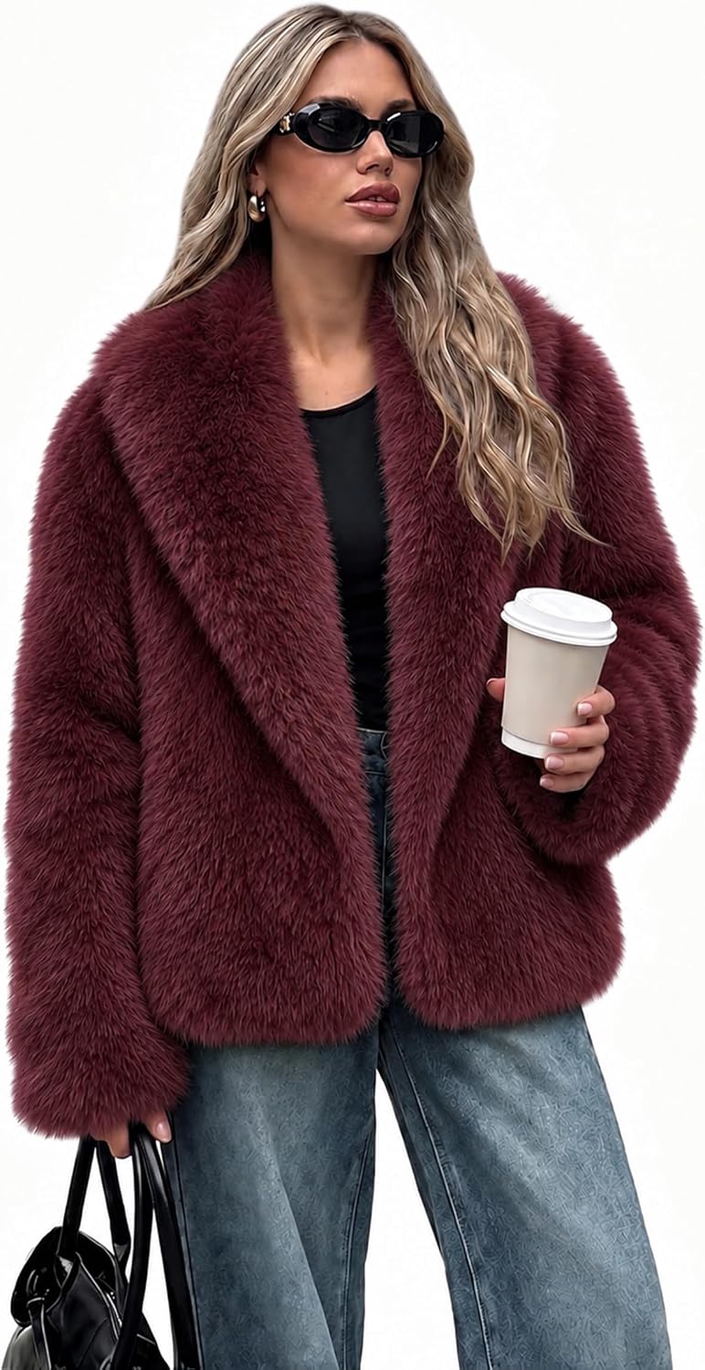 Womens Faux Fur Jacket Fluffy Furry Coat Long Sleeve Winter Outwear