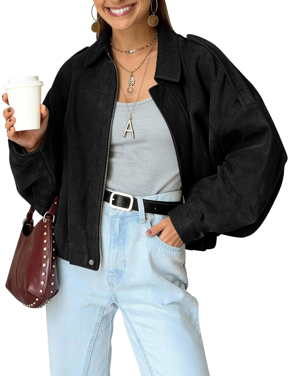 Womens Bomber Jacket Oversized Long Sleeve Cropped Coat