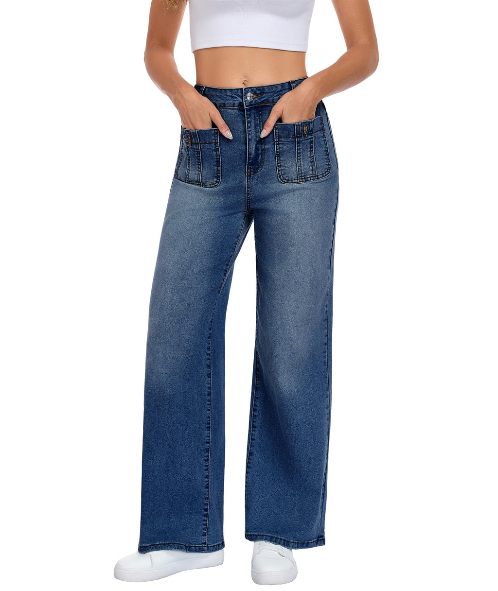 Wide Leg Jeans for Women, Blue, High Waist