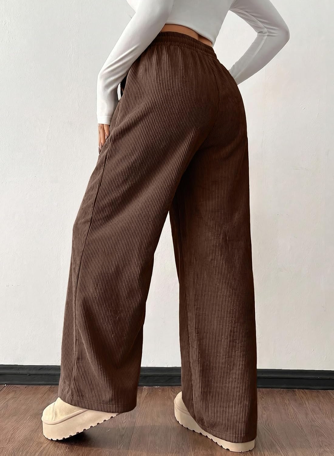 Women's Corduroy Elastic High Waisted Wide Leg Pants
