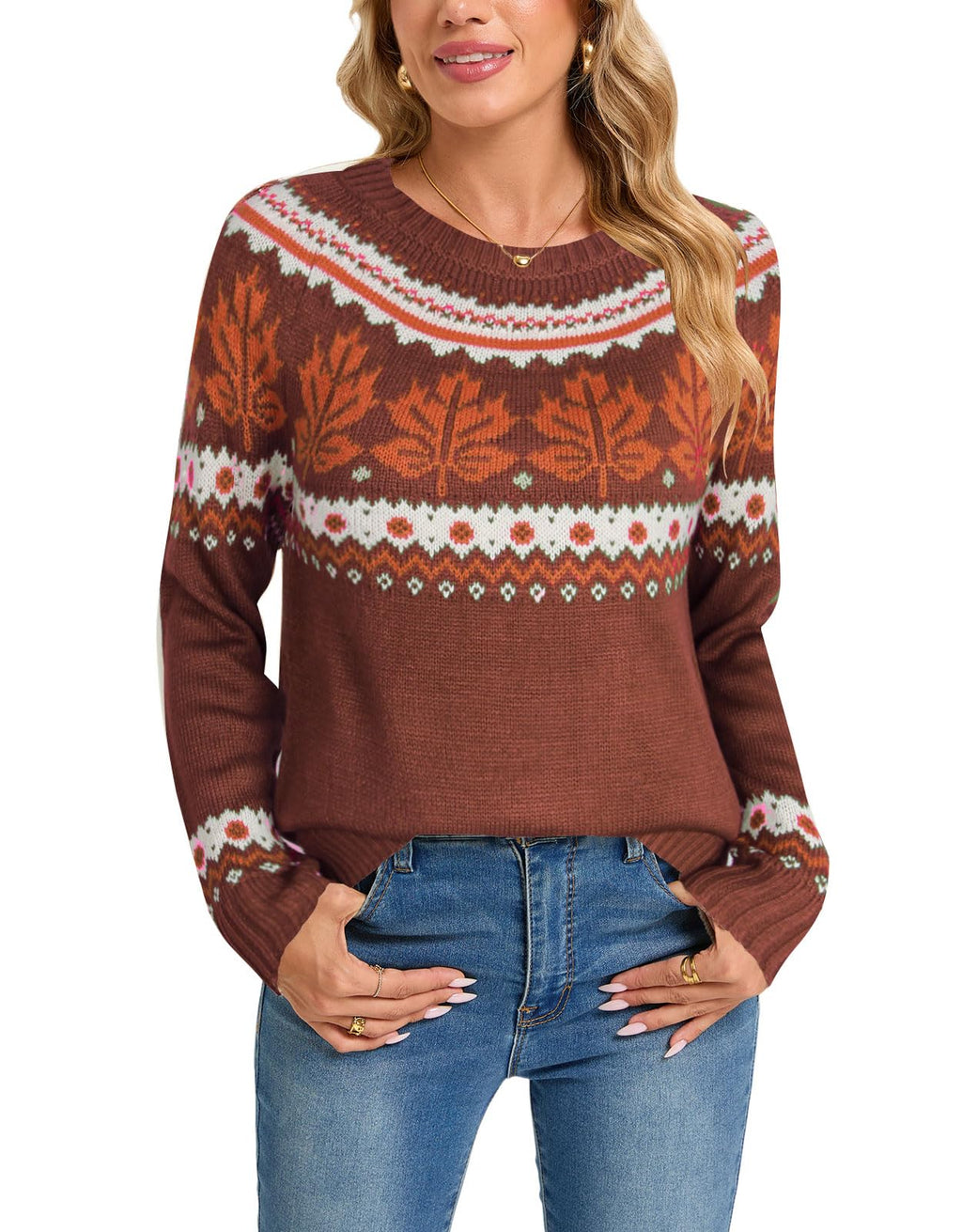 Womens Knit Leaf Sweaters Long Sleeve Crew Neck