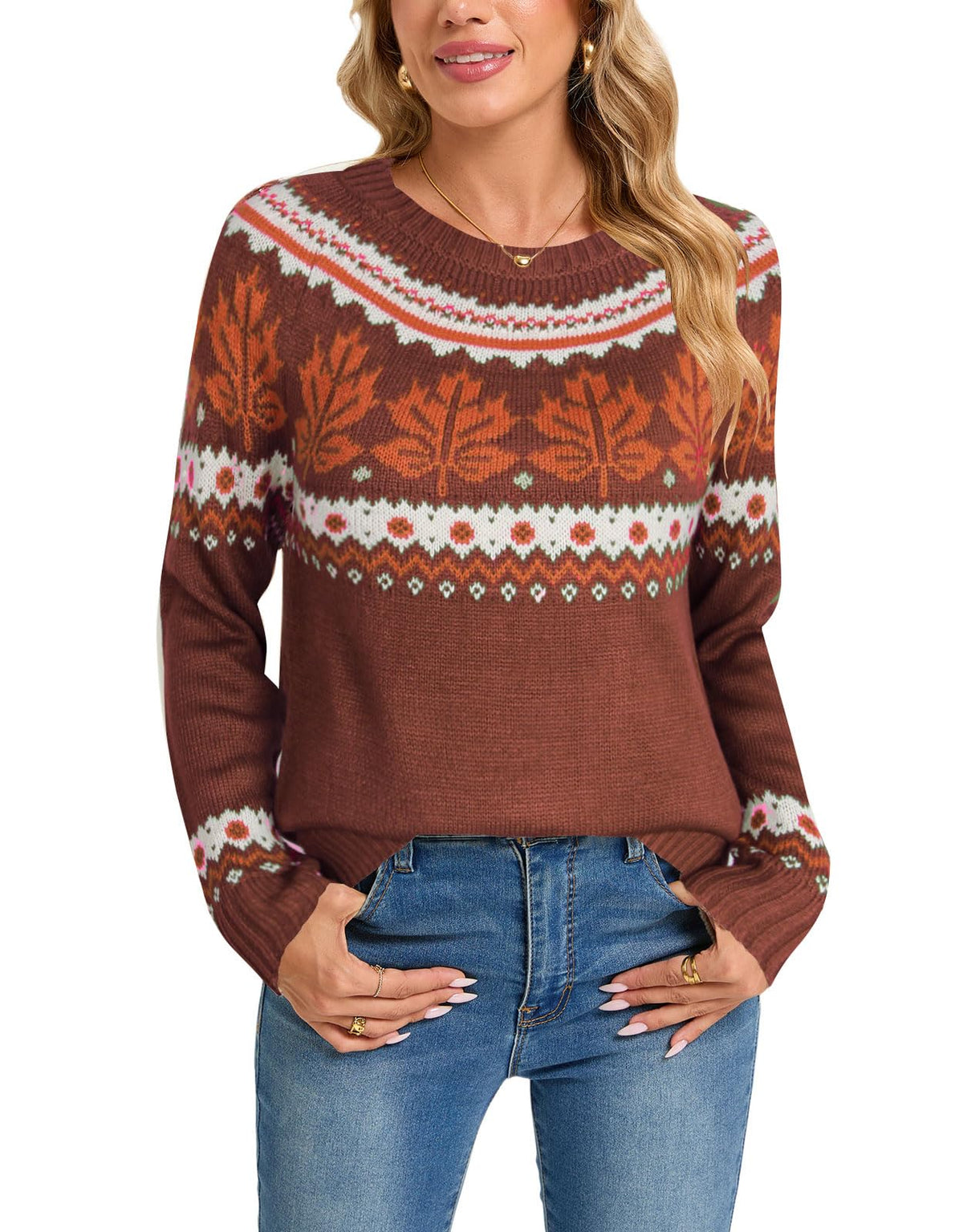 Womens Knit Leaf Sweaters Long Sleeve Crew Neck