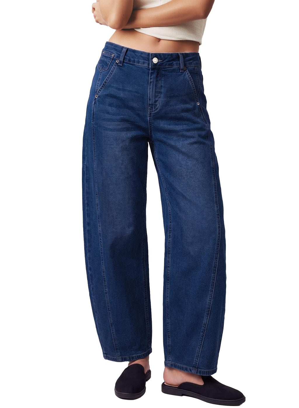 Womens Barrel Jeans High Waist Baggy Cropped Stretch Denim Pants
