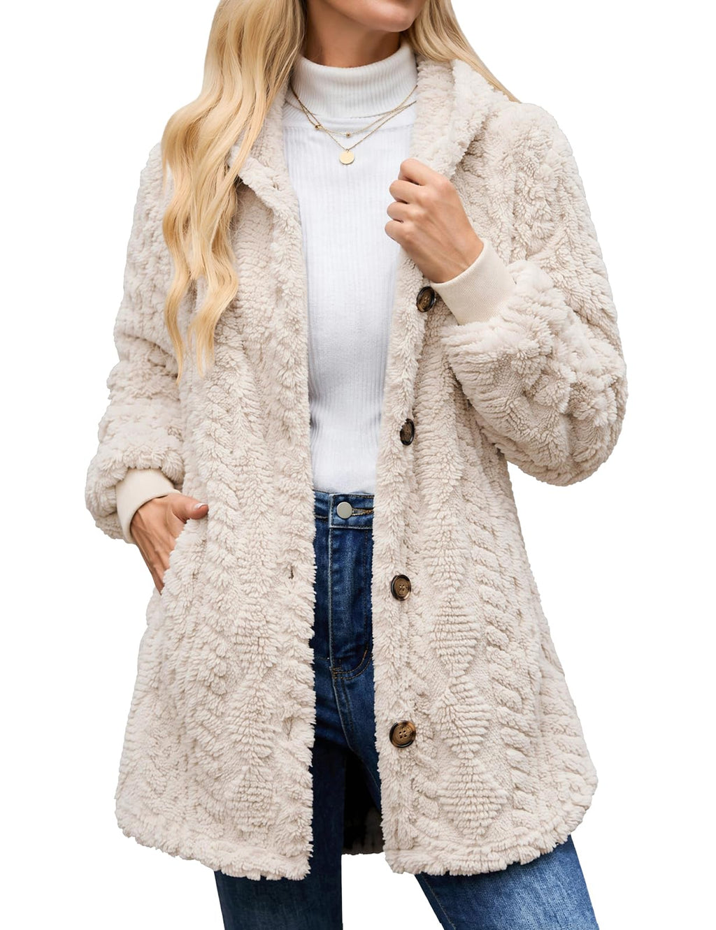 Women's Winter Sherpa Fleece Jacket Hooded Button Down Warm Coat