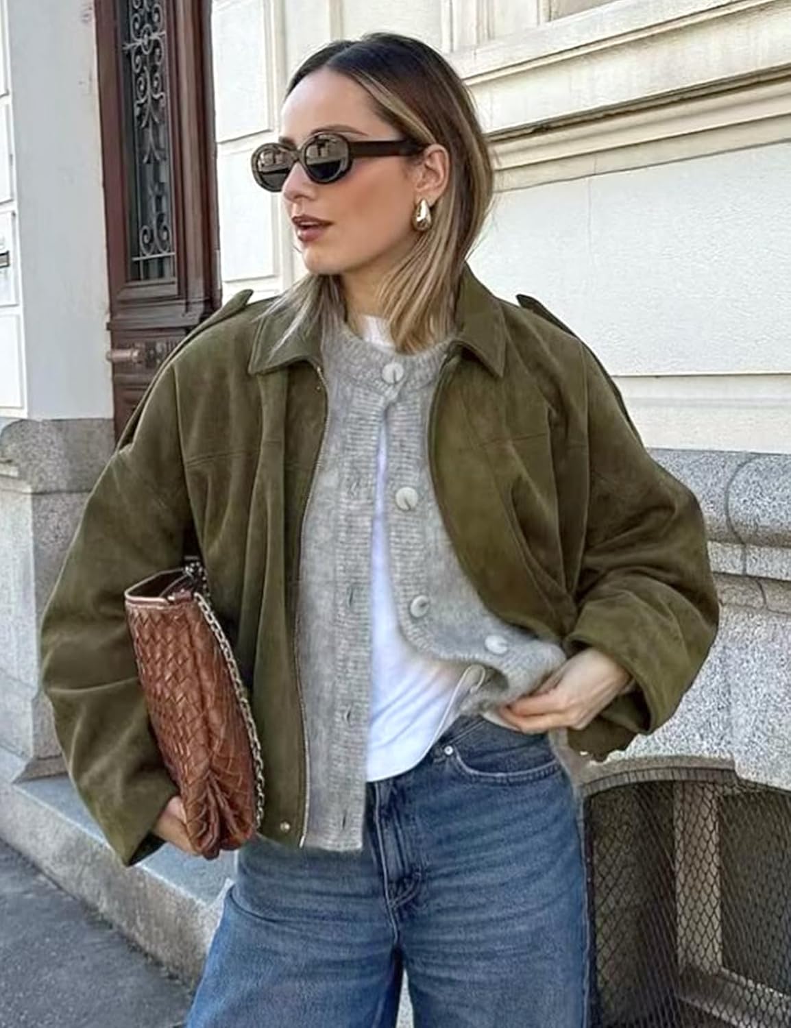 Womens Bomber Jacket Oversized Long Sleeve Cropped Coat