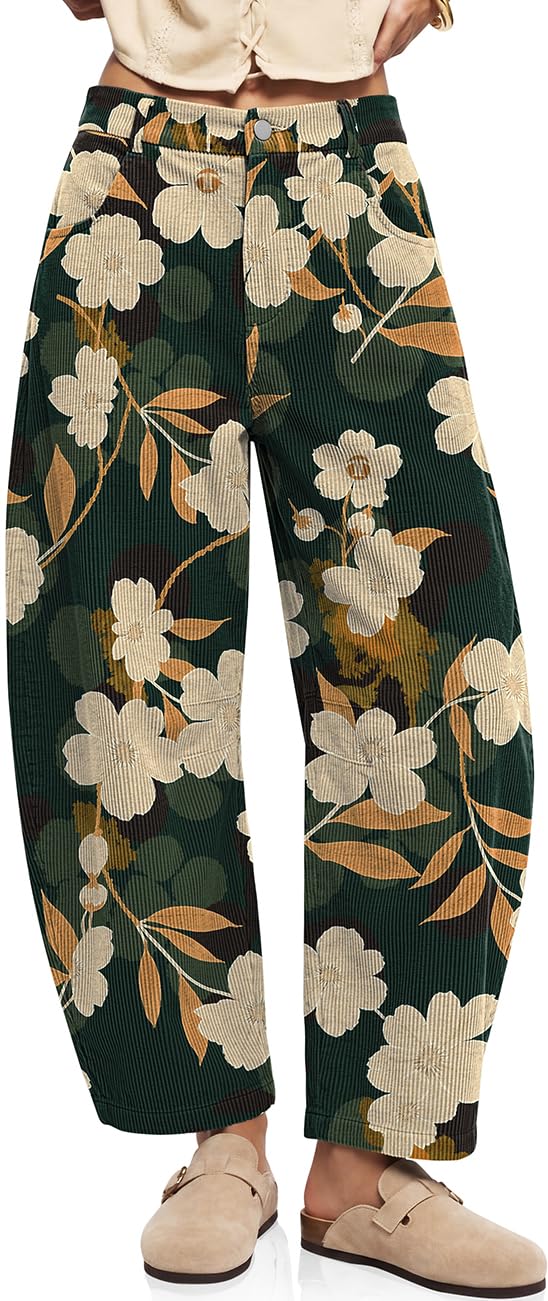 Womens Barrel Corduroy Pants Wide Leg Floral Printed Baggy Trousers