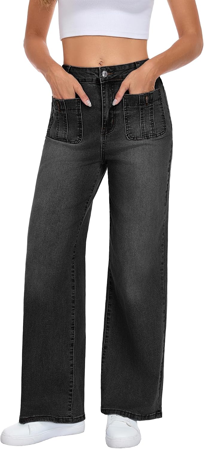 Wide Leg Jeans for Women, Blue, High Waist