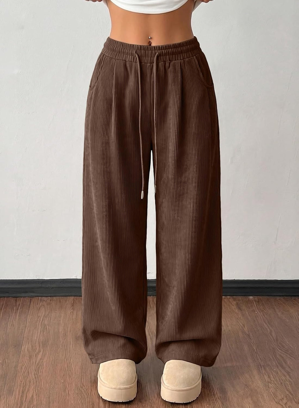 Women's Corduroy Elastic High Waisted Wide Leg Pants