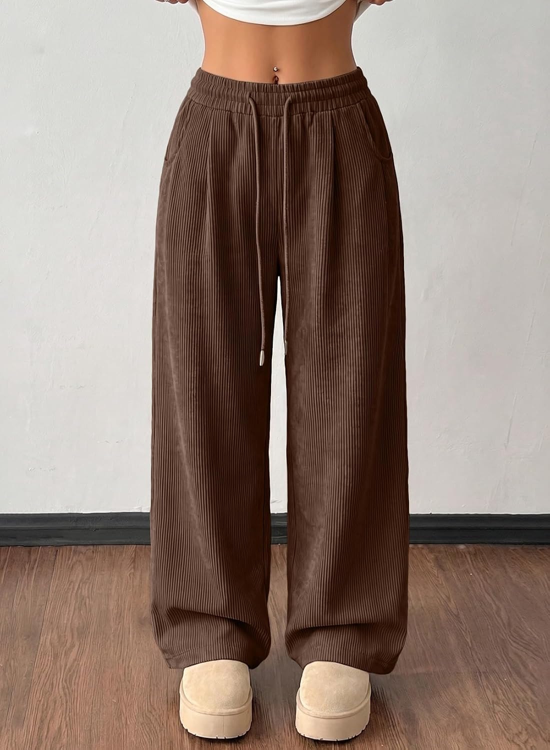 Women's Corduroy Elastic High Waisted Wide Leg Pants